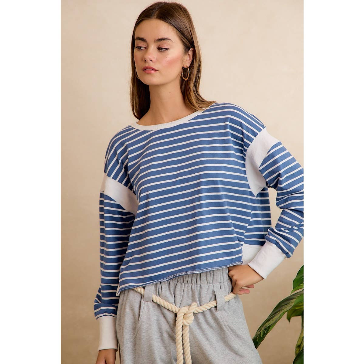Blue/Ivory Stripe Open Back Long Sleeve Top
