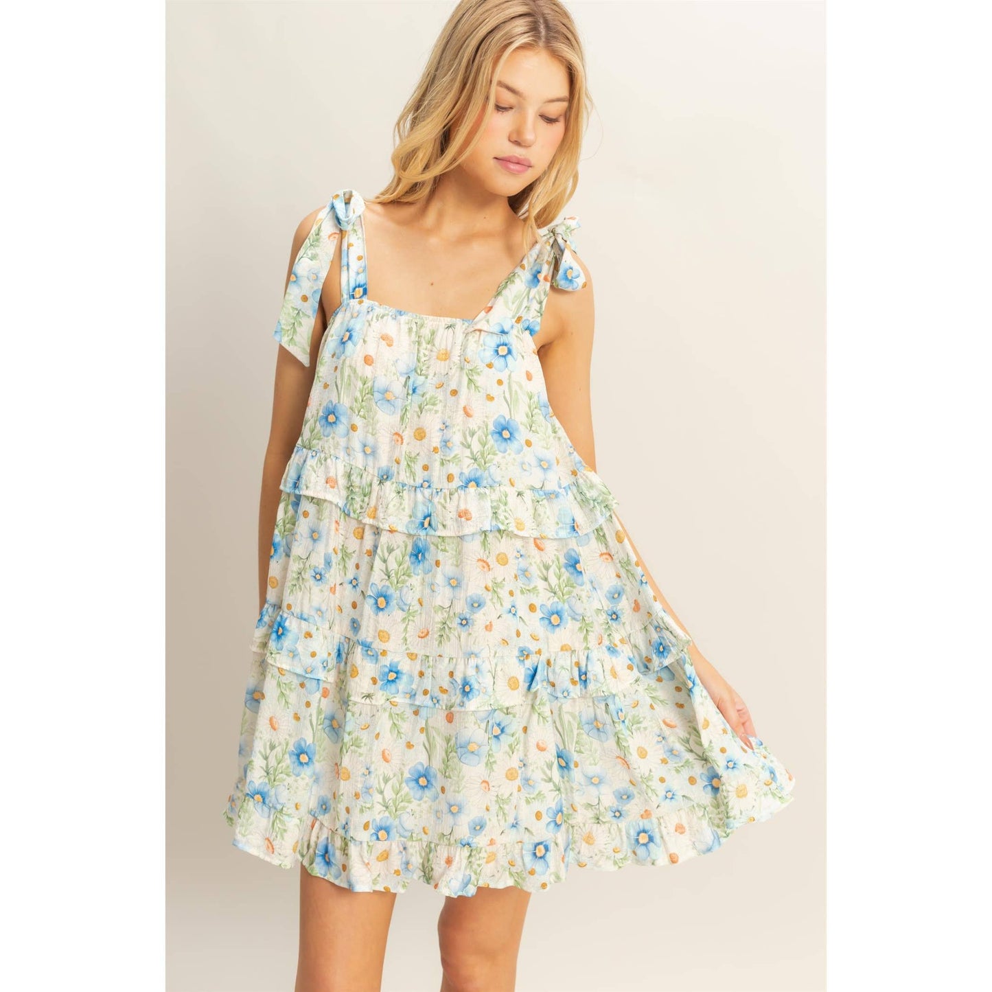 Floral Self-Tie Straps Ruffle Mini Dress: BLUE