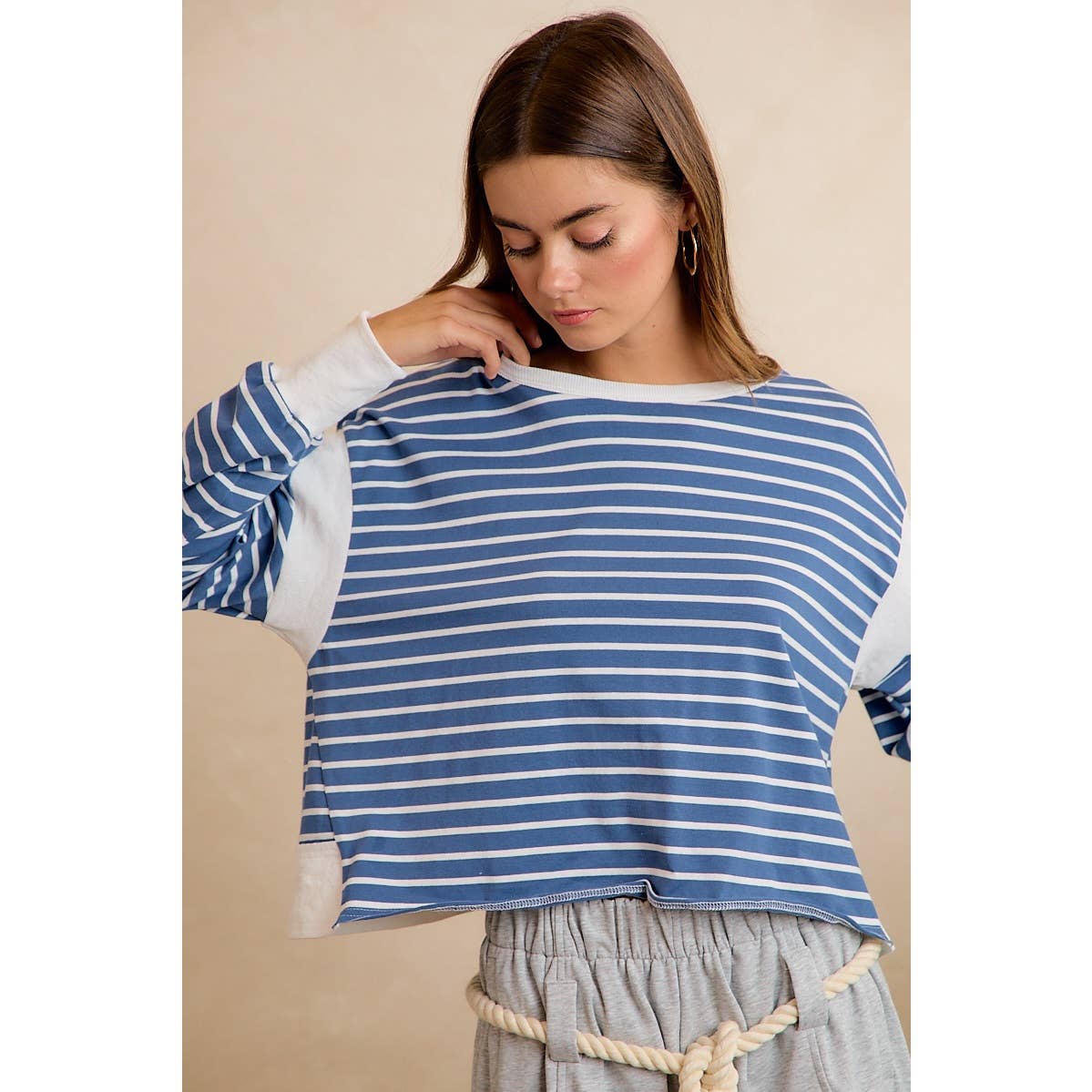 Blue/Ivory Stripe Open Back Long Sleeve Top