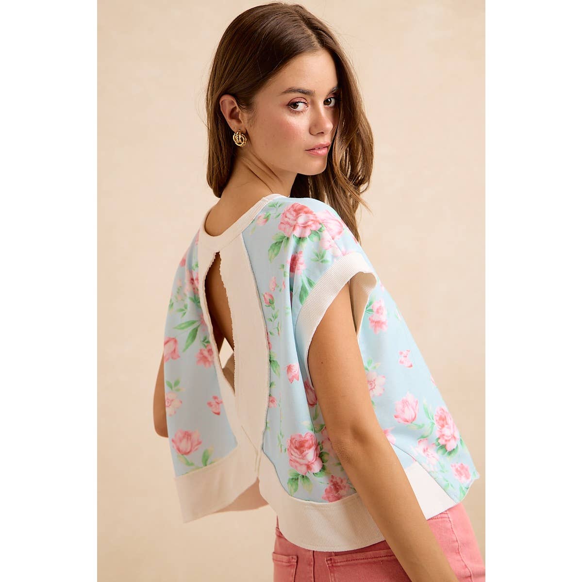 Lt Blue/Pink Floral Printed Terry Open Back Sleeveless Top