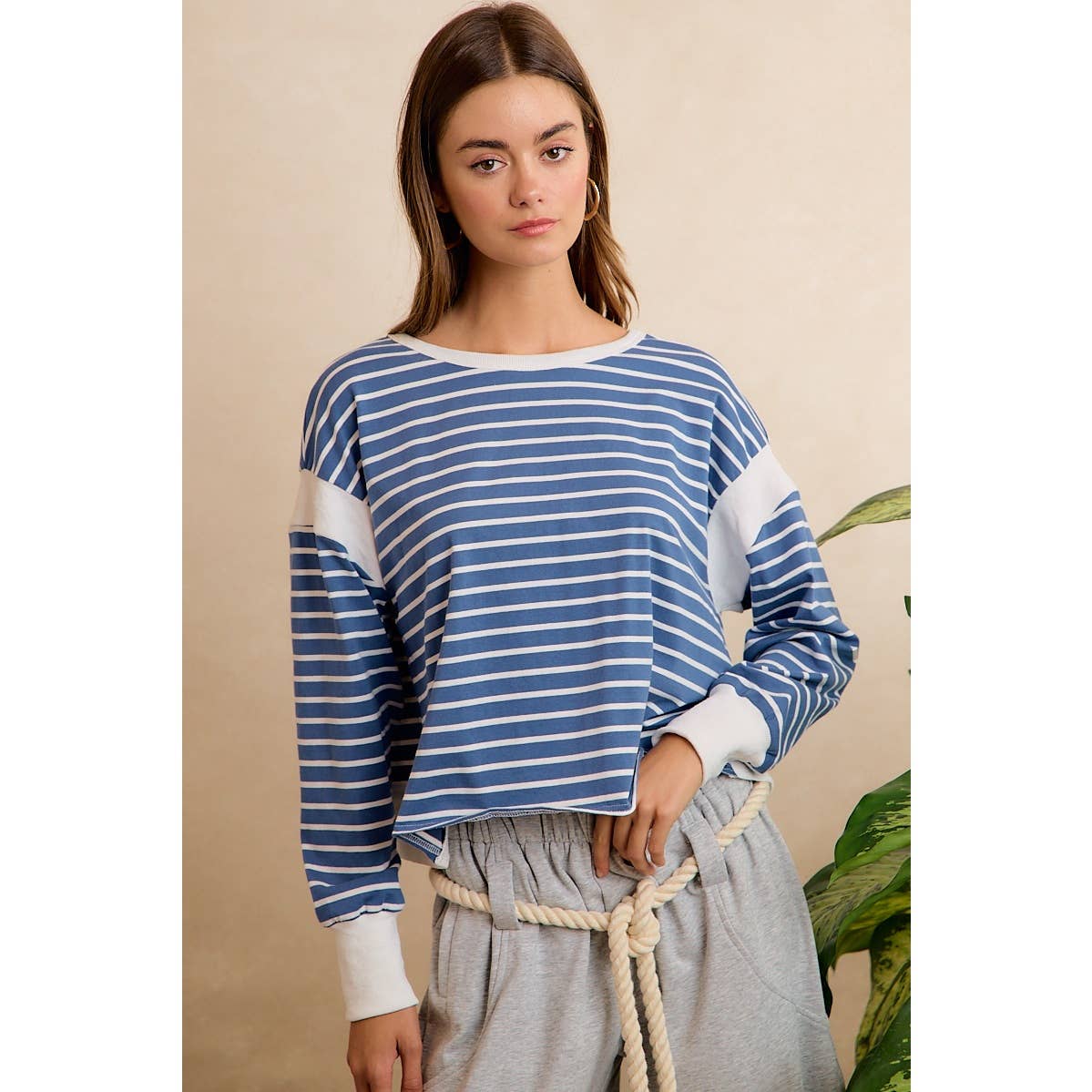 Blue/Ivory Stripe Open Back Long Sleeve Top