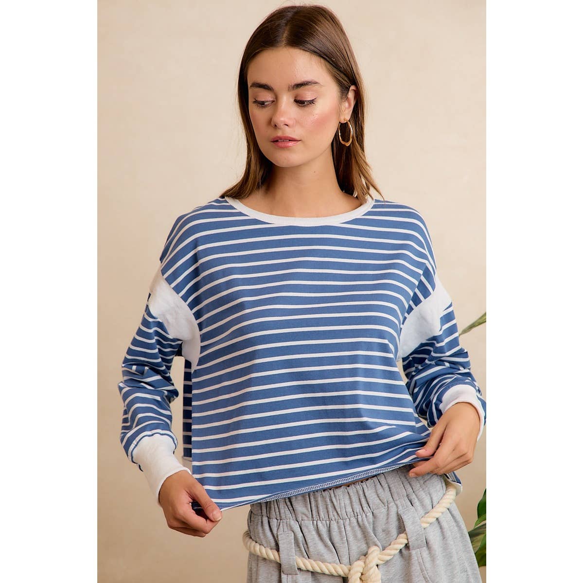 Blue/Ivory Stripe Open Back Long Sleeve Top