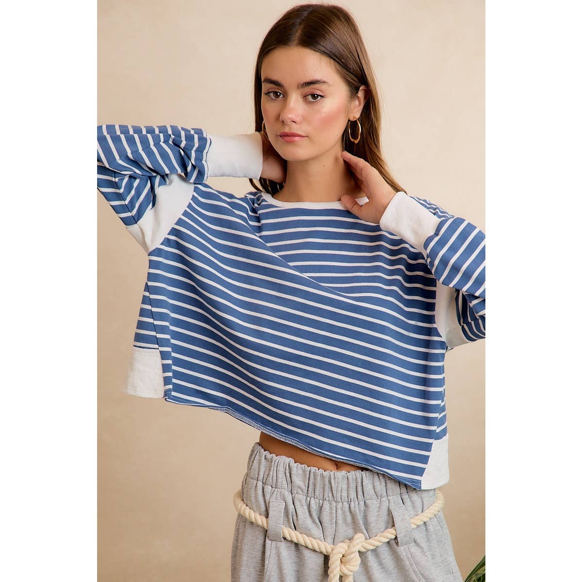 Blue/Ivory Stripe Open Back Long Sleeve Top