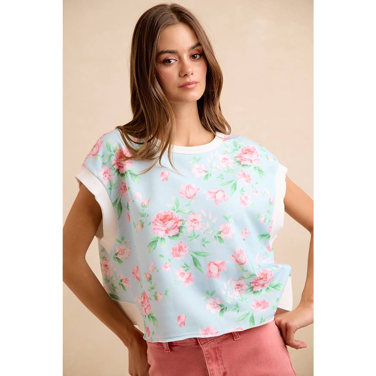 Lt Blue/Pink Floral Printed Terry Open Back Sleeveless Top