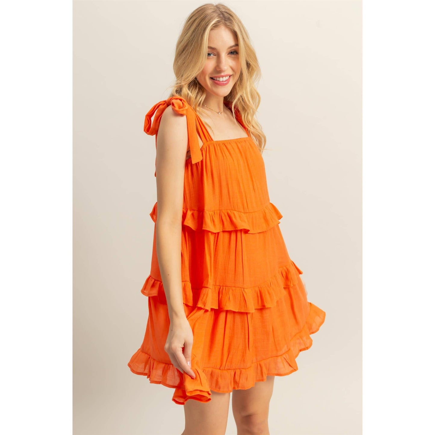 Self Tie Straps Ruffle Tiered Mini Dress: ORANGE