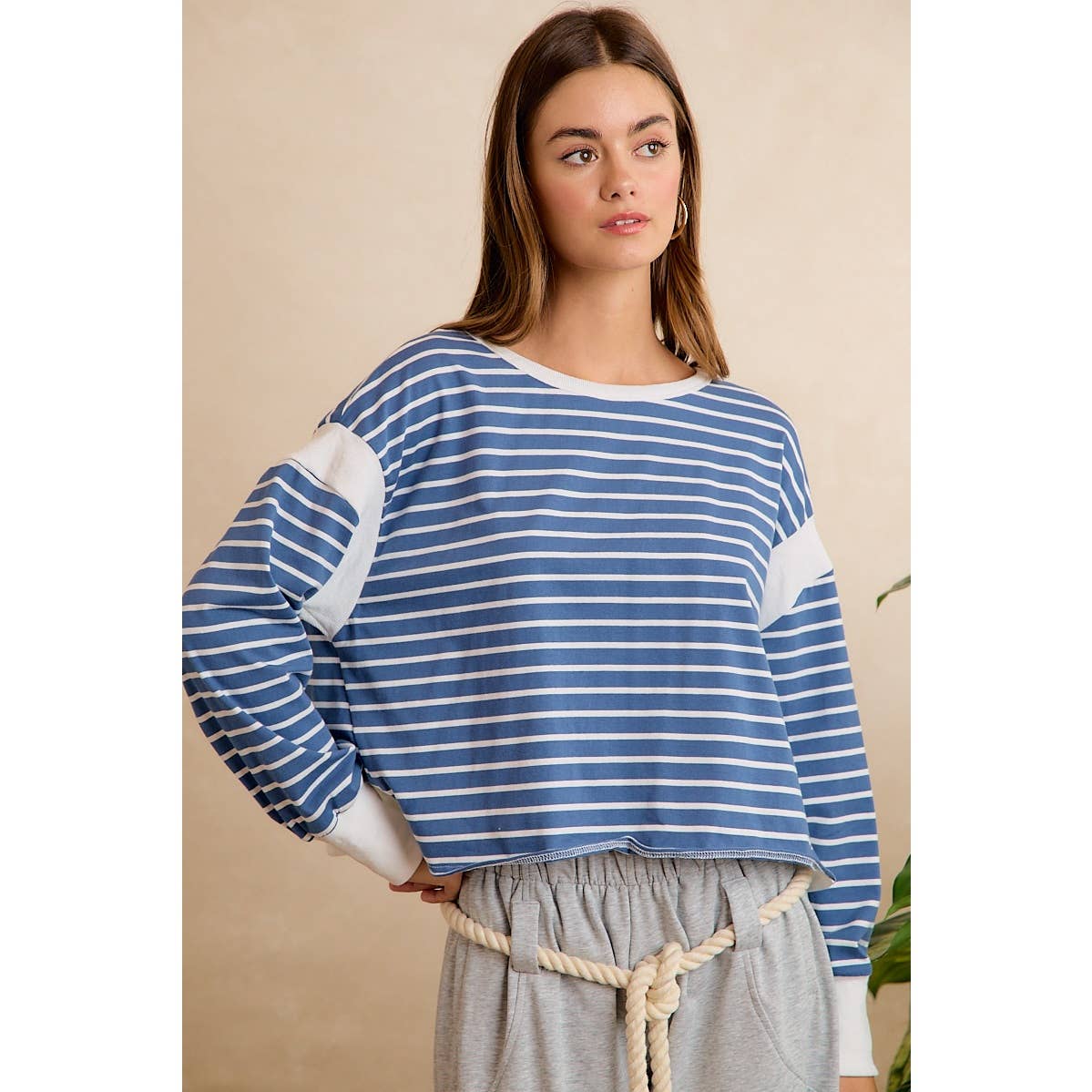 Blue/Ivory Stripe Open Back Long Sleeve Top