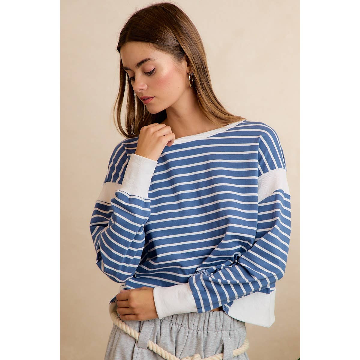 Blue/Ivory Stripe Open Back Long Sleeve Top