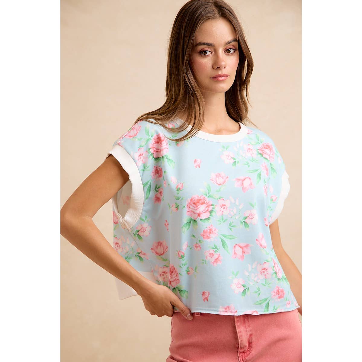 Lt Blue/Pink Floral Printed Terry Open Back Sleeveless Top
