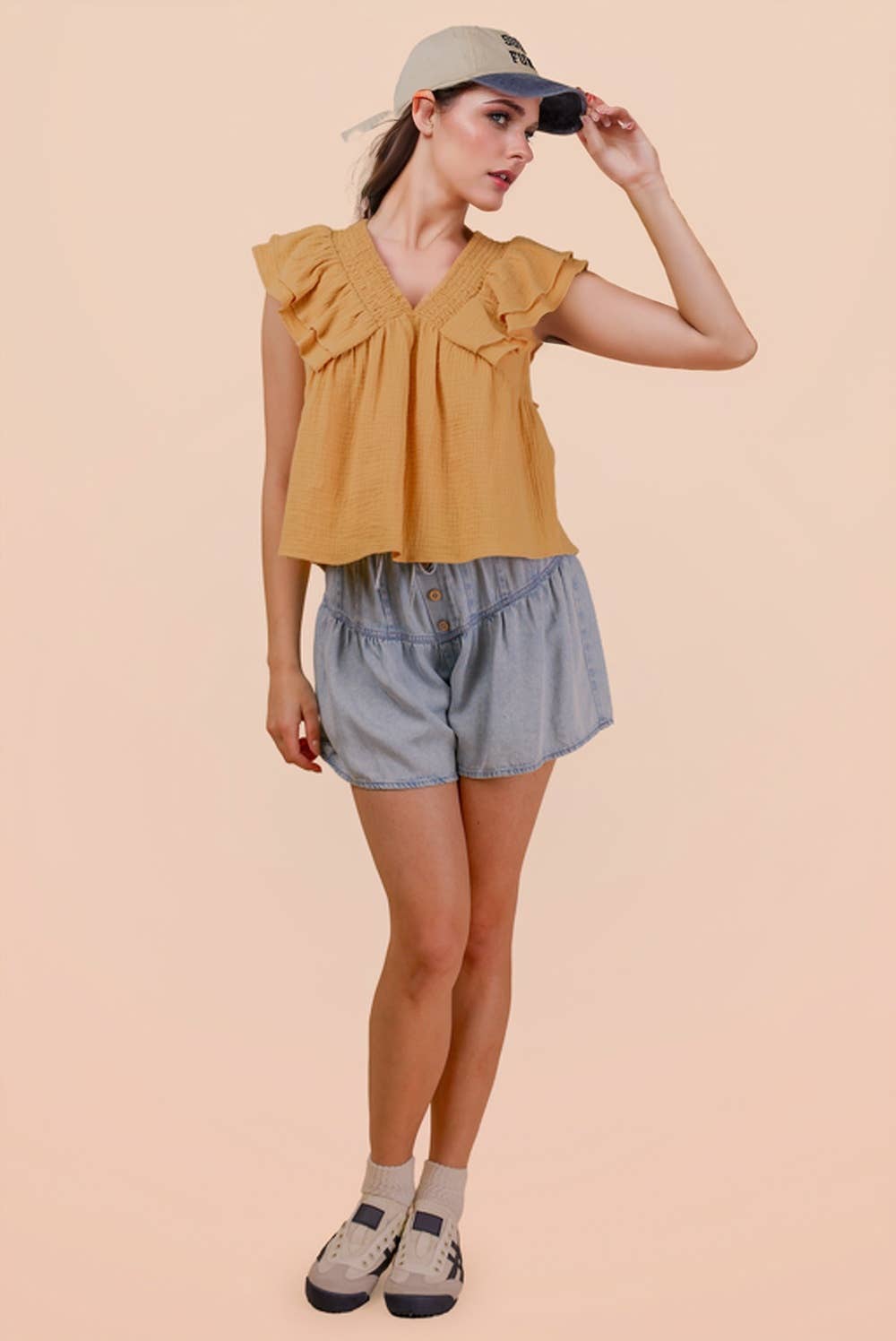 Smocking Detail Ruffle Sleeve Cotton Gauze Top