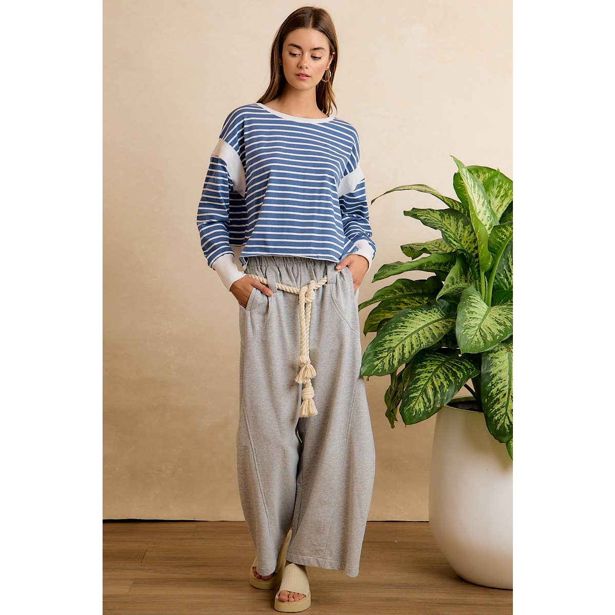 Blue/Ivory Stripe Open Back Long Sleeve Top
