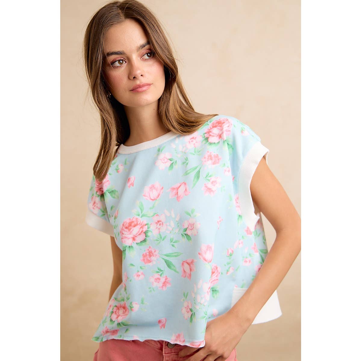 Lt Blue/Pink Floral Printed Terry Open Back Sleeveless Top