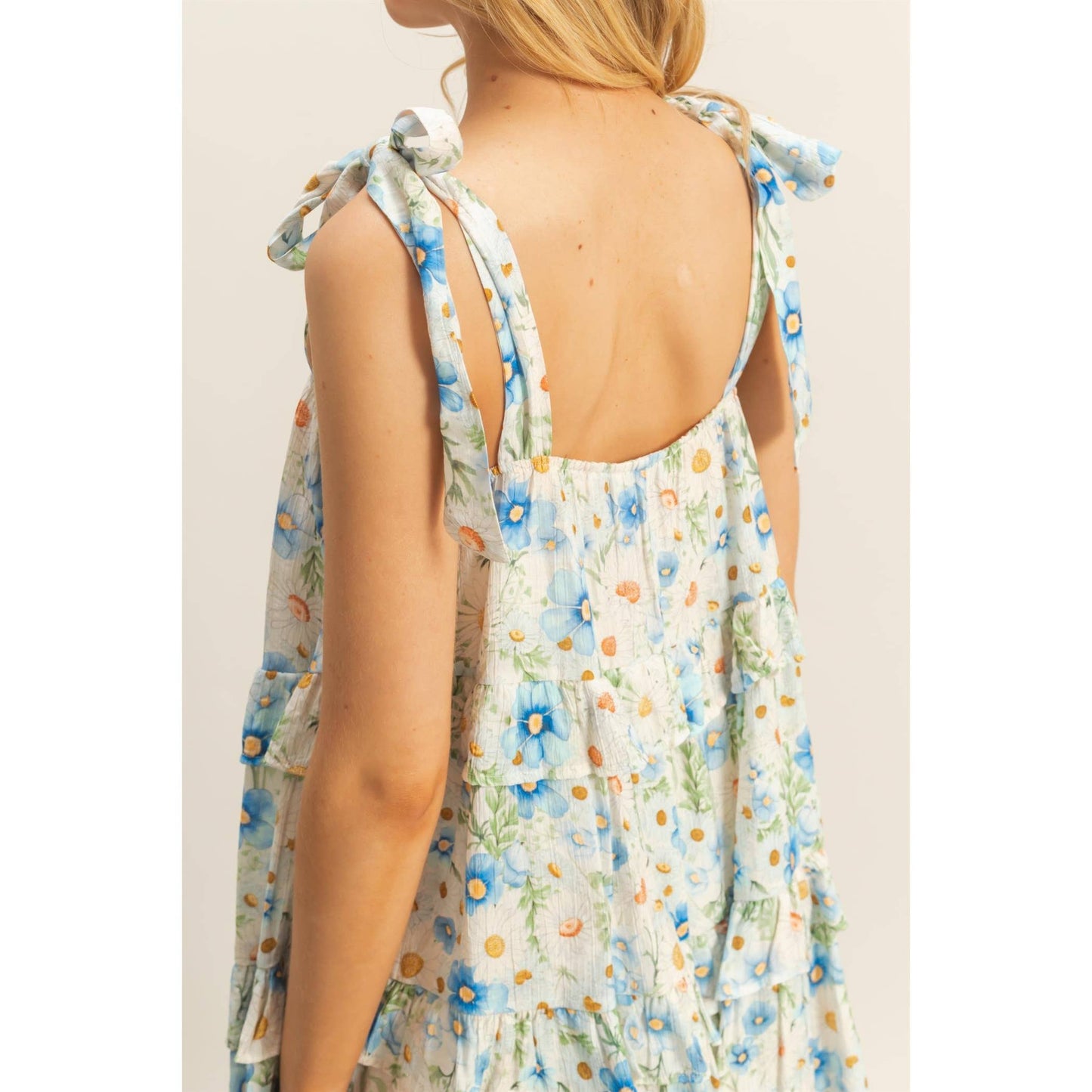 Floral Self-Tie Straps Ruffle Mini Dress: BLUE