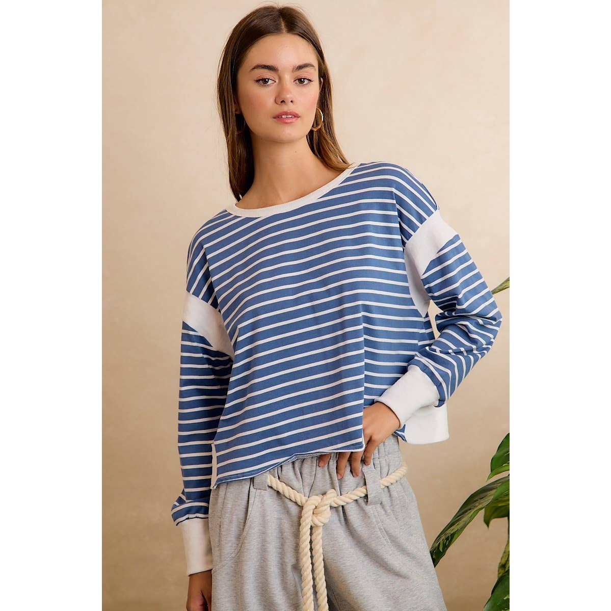Blue/Ivory Stripe Open Back Long Sleeve Top