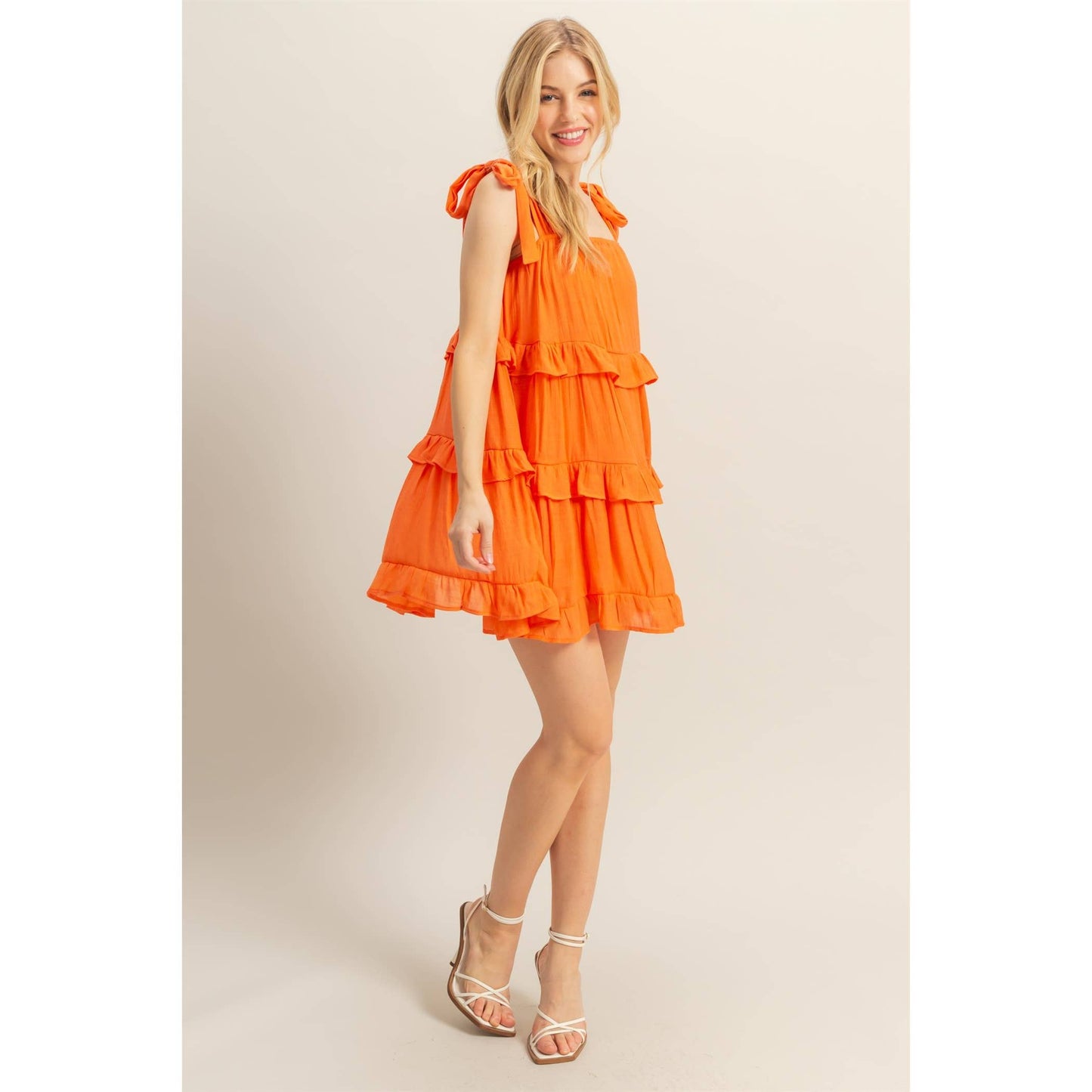 Self Tie Straps Ruffle Tiered Mini Dress: ORANGE