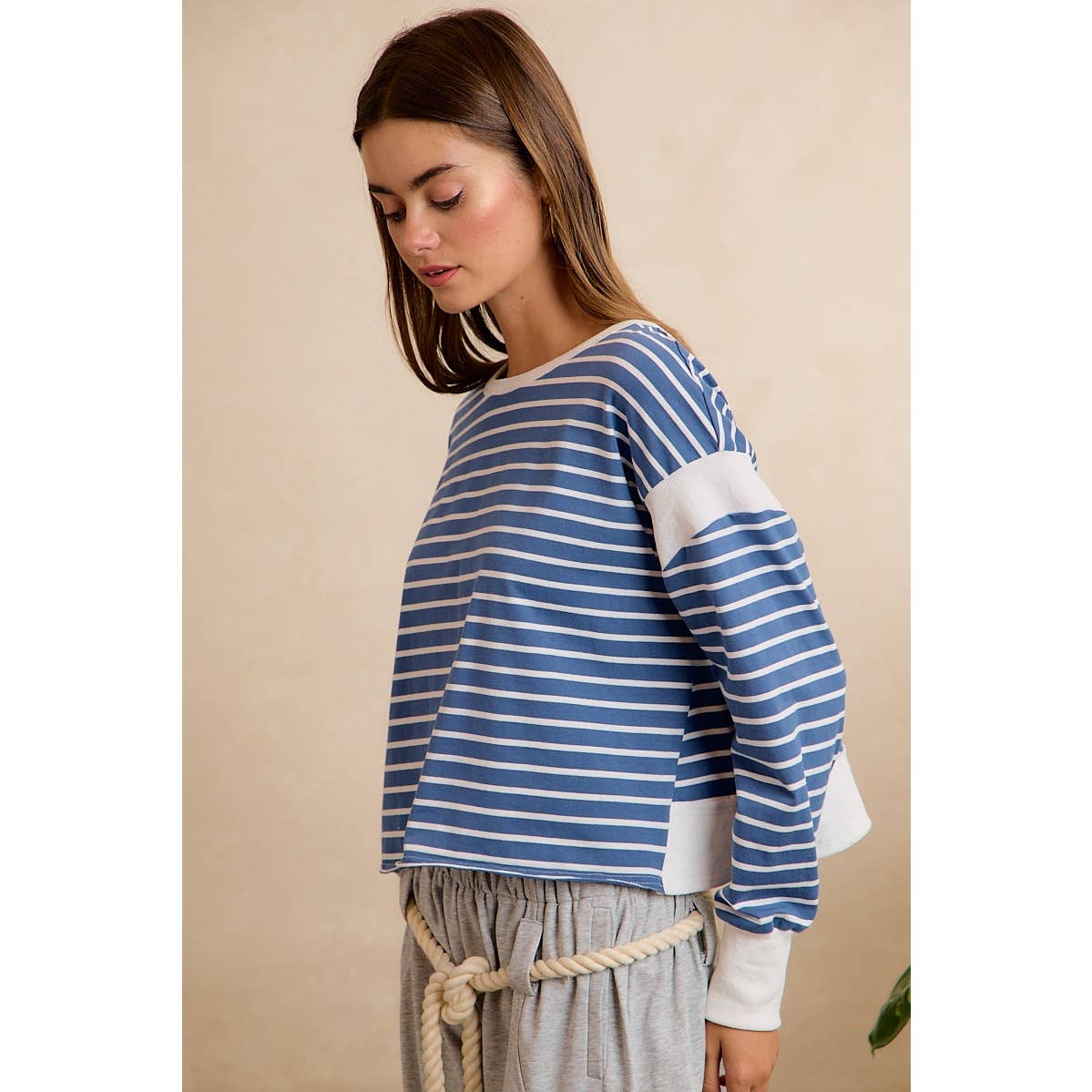 Blue/Ivory Stripe Open Back Long Sleeve Top